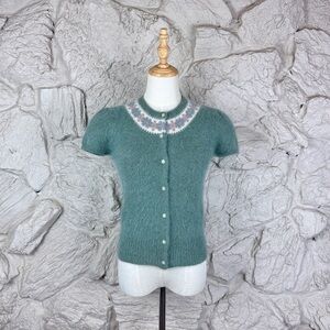 Ralph Lauren Blue Label c. 1990s Angora Fair Isle Cardigan Sweater Celadon | S